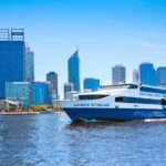 Captain Cook Cruise infront of Perth city skyline