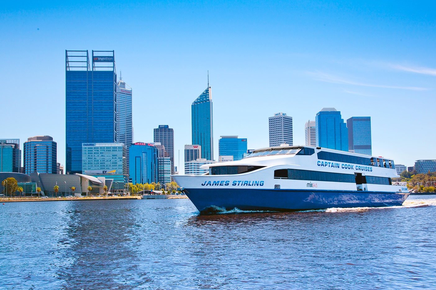Captain Cook Cruise infront of Perth city skyline