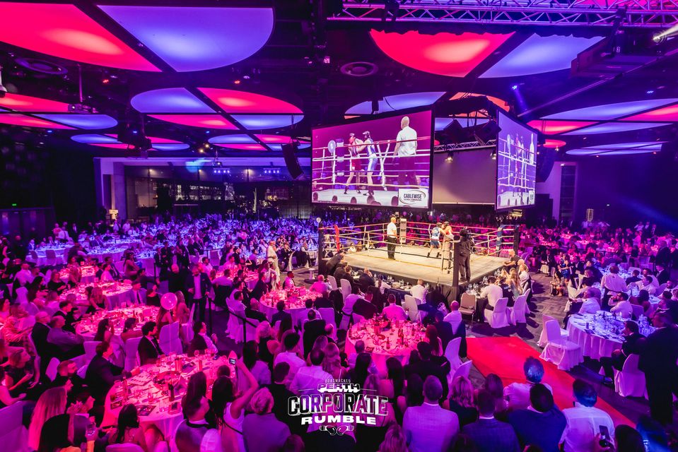 Crown Ballroom filled with tables and boxing ring